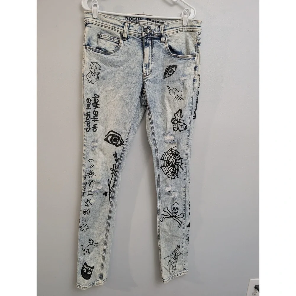 X2 Rogue Jeans Men 32x34 Blue Acid Wash Graffiti Zip Stretch‎ Denim